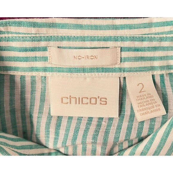 Chico's 100% Linen Shirt Blouse Women's Sz 2 Knot Tie Button Green White Stripe - Picture 6 of 9
